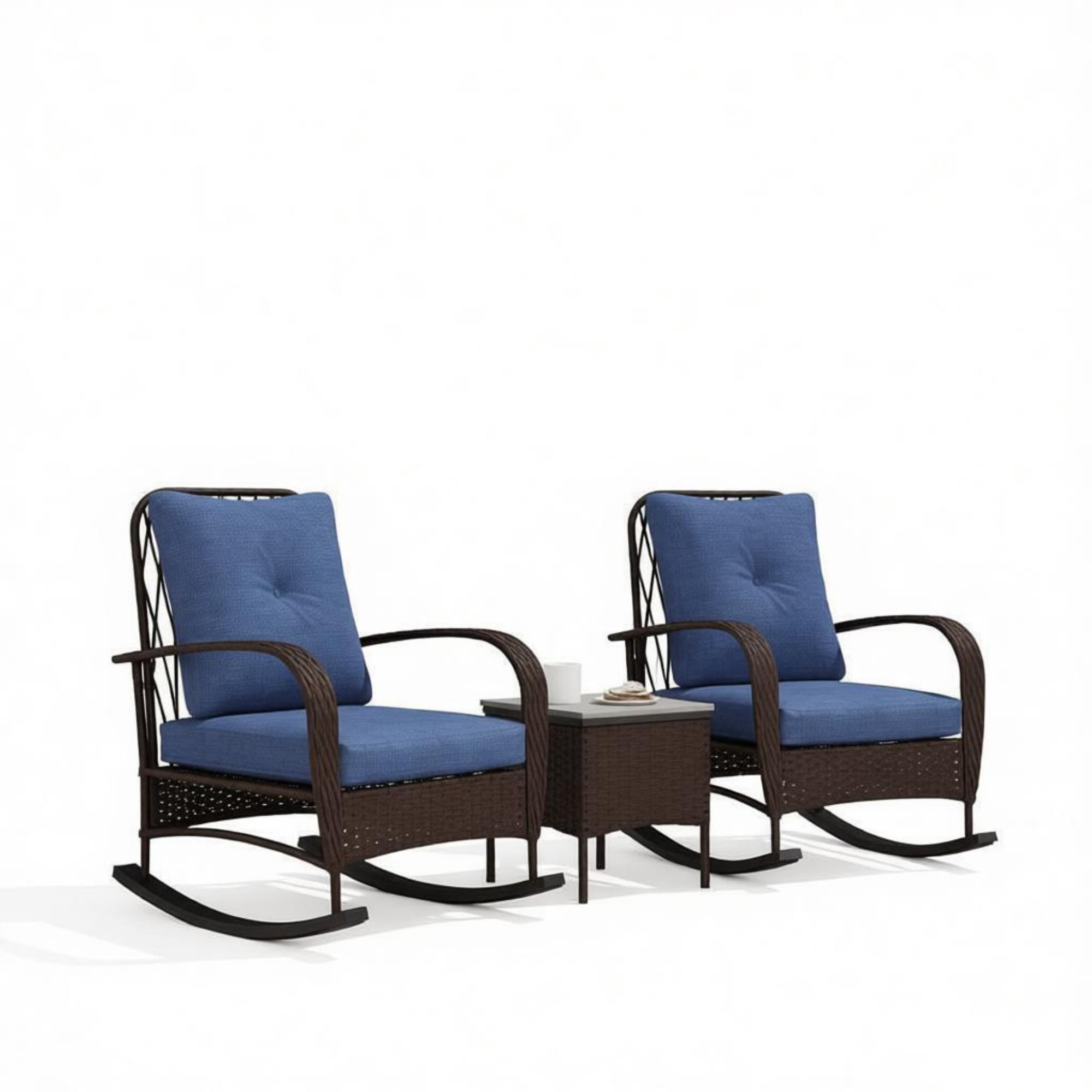 3-Piece Wicker Patio Furniture Set, Outdoor PE Rattan Rocking Chairs with Coffee Table & Plush Cushions, Brown