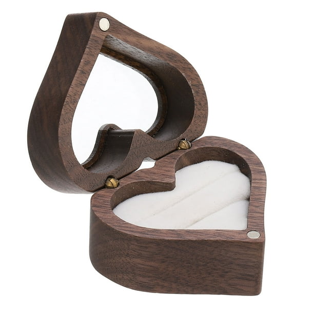 Caja de anillos de madera, caja de anillos en forma de corazón con 2 ranuras, blanca