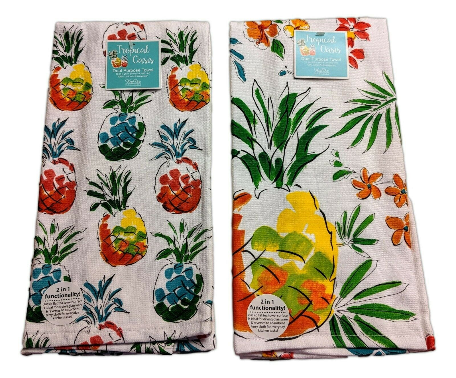 Set of 2 TROPICAL OASIS Pineapple Terry Kitchen Towels by Kay Dee