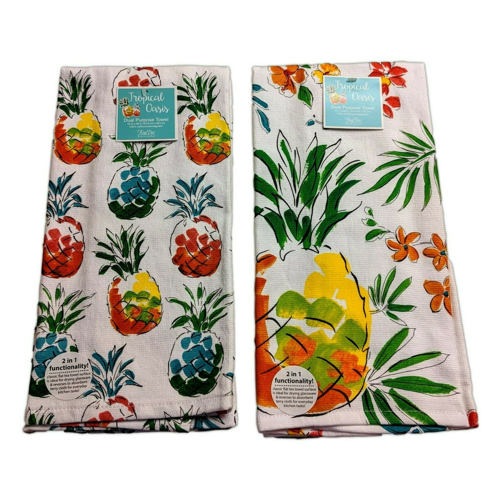 Set of 2 TROPICAL OASIS Pineapple Terry Kitchen Towels by Kay Dee