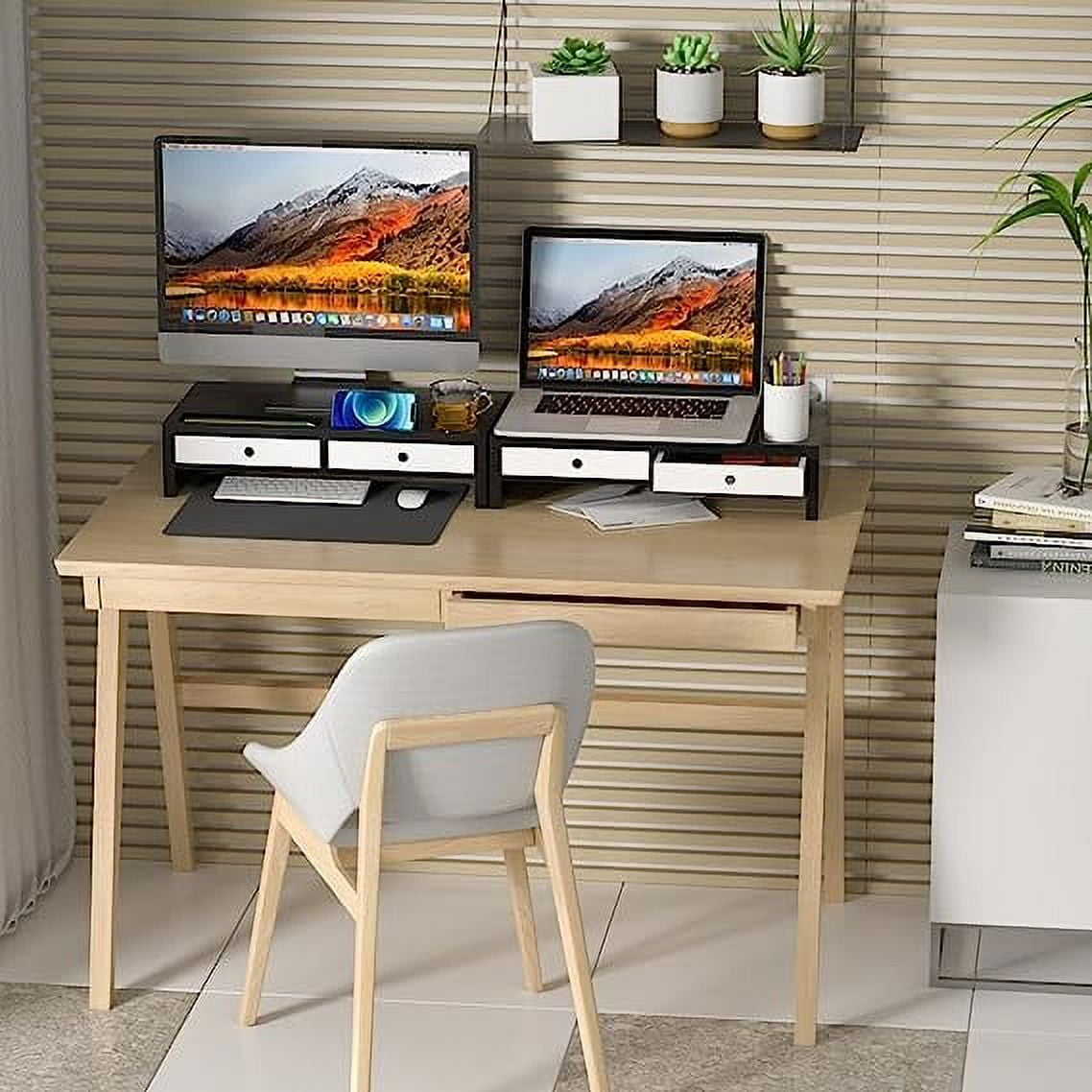 Bambloom Monitor Stand Riser and Computer Wood Desk Organizer with Drawer and Pen Holder for Laptop, Computer, iMac, 20.5Inch,Black & White