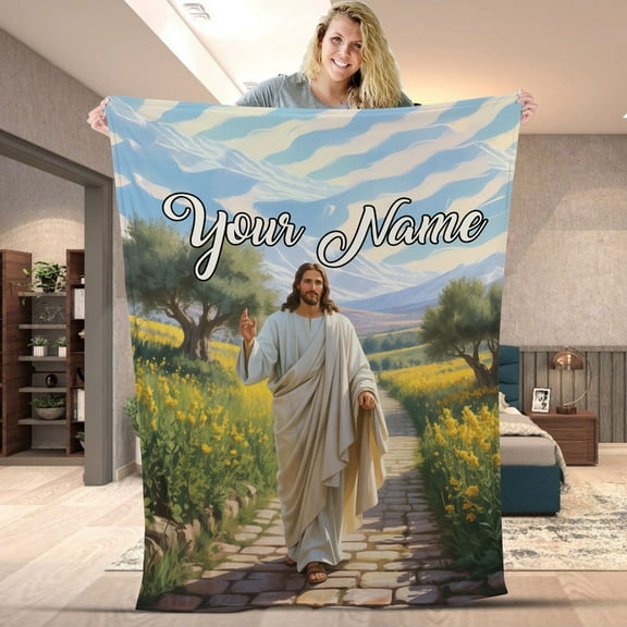 Personalized Jesus Walking The Path Floral Blanket, Custom Name Christian Religious Fleece & Sherpa Blanket, Faith-Based Gift for Believers Throw for Bed or Sofa