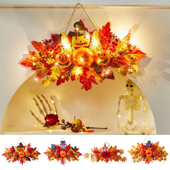 Corona de Halloween con Calabaza y Hojas de Arce: Decoración de Plástico Naranja para Colgar En La Puerta, Ideal para La Cosecha, Acción de Gracias y Otoño.