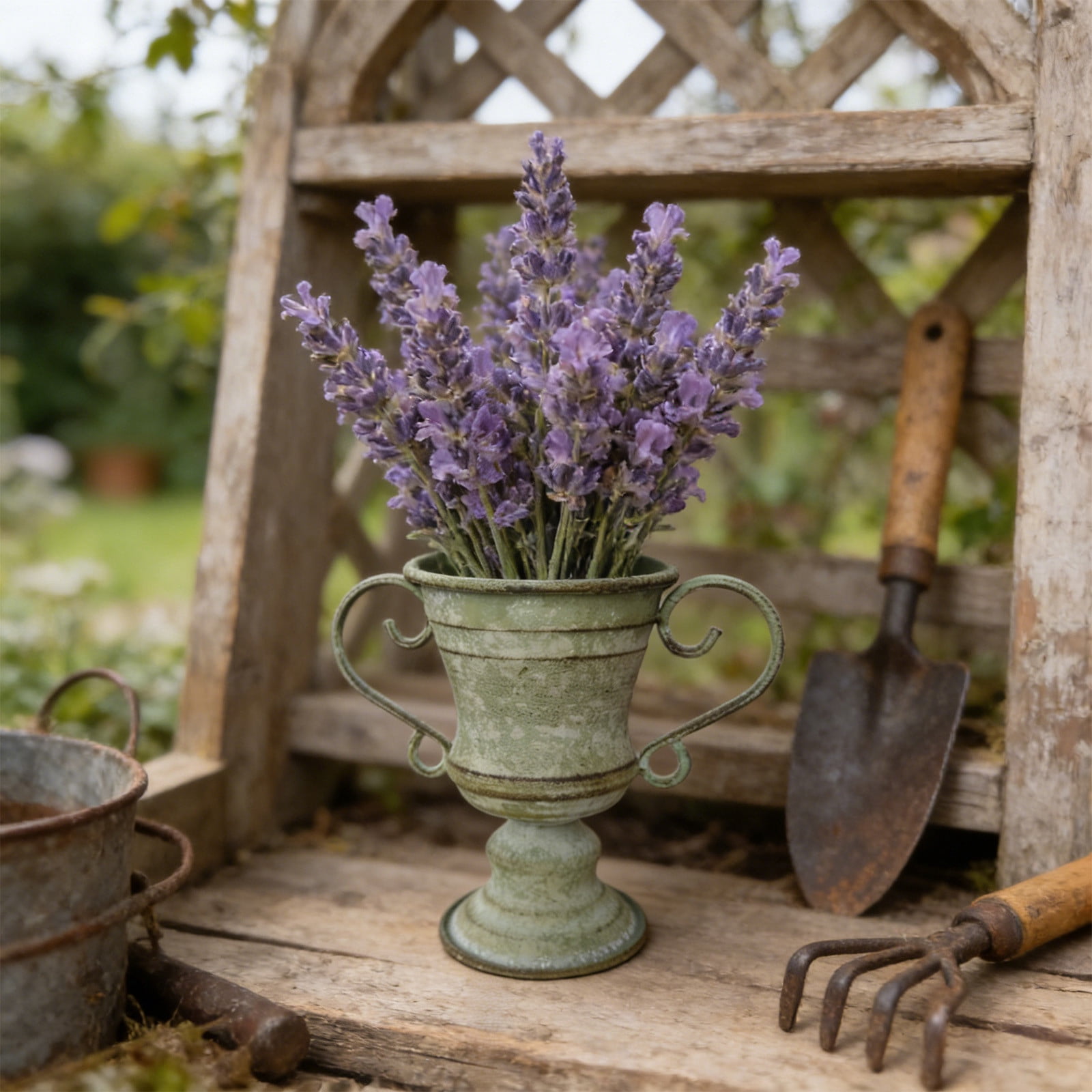 Large Urn Planter Clearance Sale - Vintage Distressed Iron Flower Pot, Cement Look Wicker Urn Planter for Outdoor Garden, 7 Inch Pedestal Style Planters for Patio Balcony, Durable Weather-Resistant