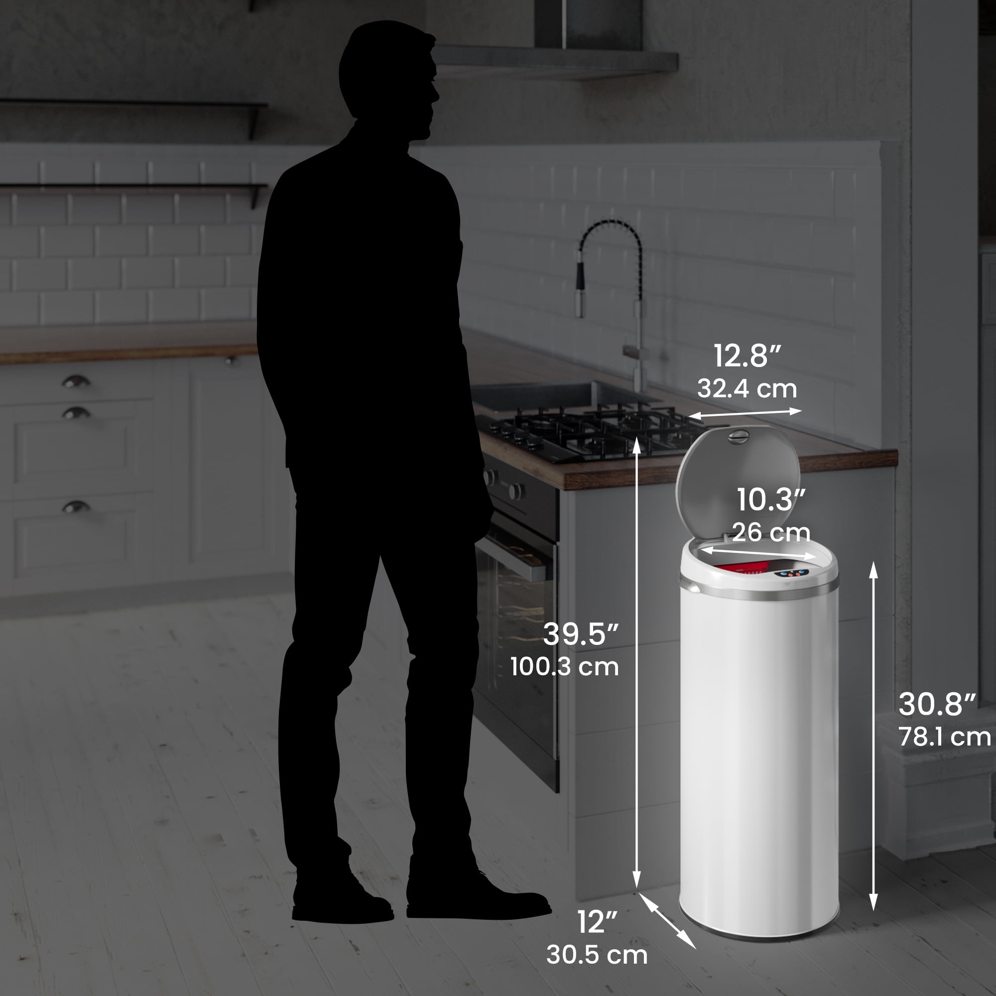iTouchless Round Sensor Trash Can, with Deodorizing Feature, 13 Gallon, Pearl White, Stainless Steel