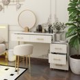 thumbnail image 5 of Velvet Upholstered Vanity Desk with Chair, Vanity Set with 5 Big Drawers, Makeup Table with Padded Chair, Marble-Look Sticker Top Dressing Table with Left/Right Adjustable Storage, Beige, 5 of 13