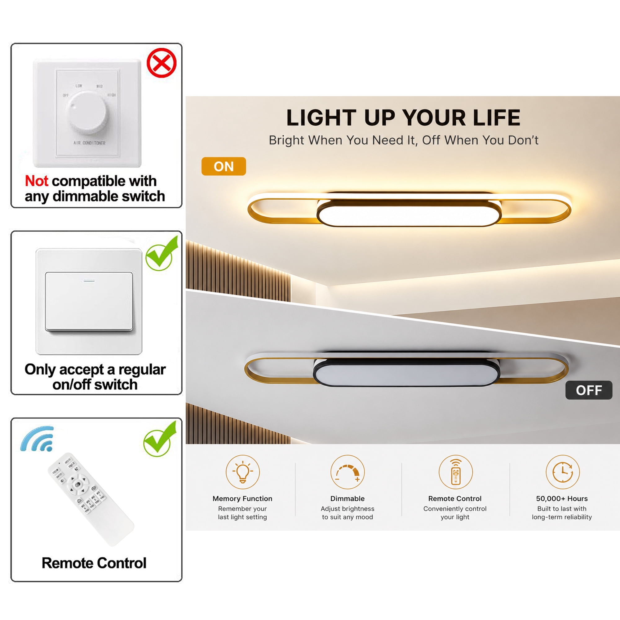 Garwarm 43.3" Modern LED Ceiling Light with Remote, Dimmable Linear Flush Mount Ceiling Fixture, 3000K-6500K Adjustable Lighting for Kitchen, Dining Room, Bedroom