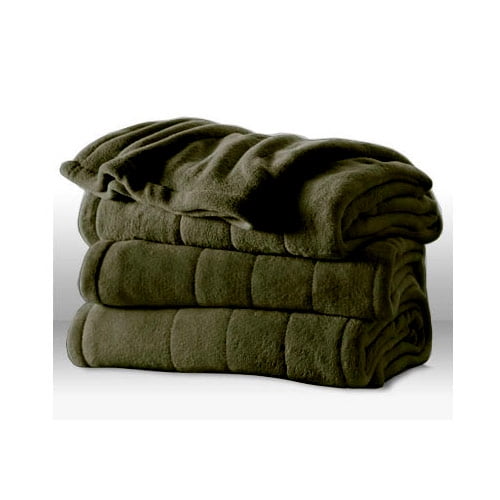 Sunbeam Heated Electric Blanket Channeled Microplush King Size Olive Green