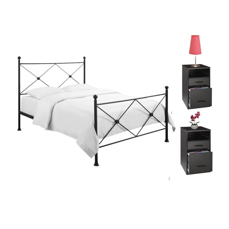 Industrial 3 Piece Metal Bedroom Set With 2 Drawer Bedside Cabinet And Queen Bed Walmart Com