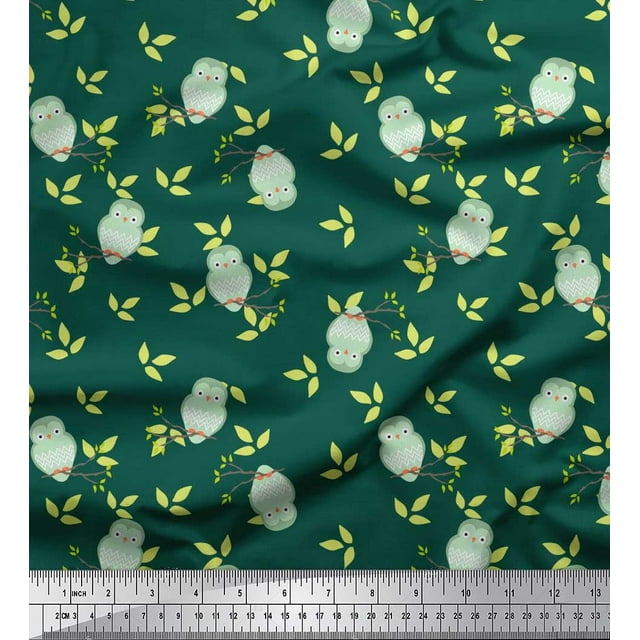 Soimoi polyester Crepe Fabric Leaves & Owl Bird Printed Fabric 1 Yard 42 Inch Wide