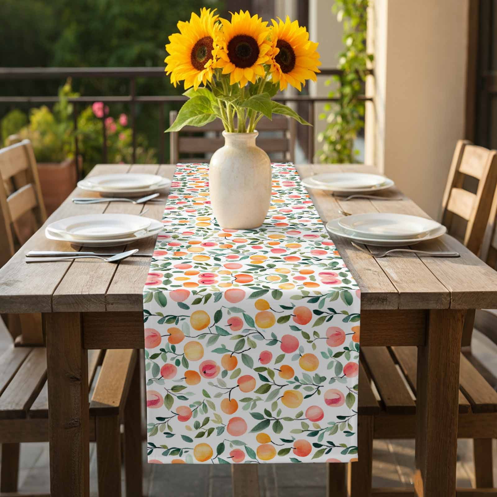 Pink Peach Cotton Linen Table Runner Country Style Spring Fruit Green Leaf Dining Table Runners for Home Decor Party Dining Room Restaurant Kitchen 13" x 90"