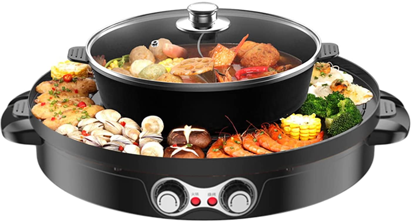 Tomfoto Electric Grill Pan 2 Speed Household Multifunctional Small 2L Hot Pot Barbecue One Pot 1200W High Power Dormitory Mini Barbecue Machine, Size