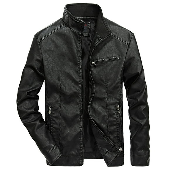 Qertyioot Men's Winter Fashion Leather Jacket Zipper Long Sleeve Casual Outwear