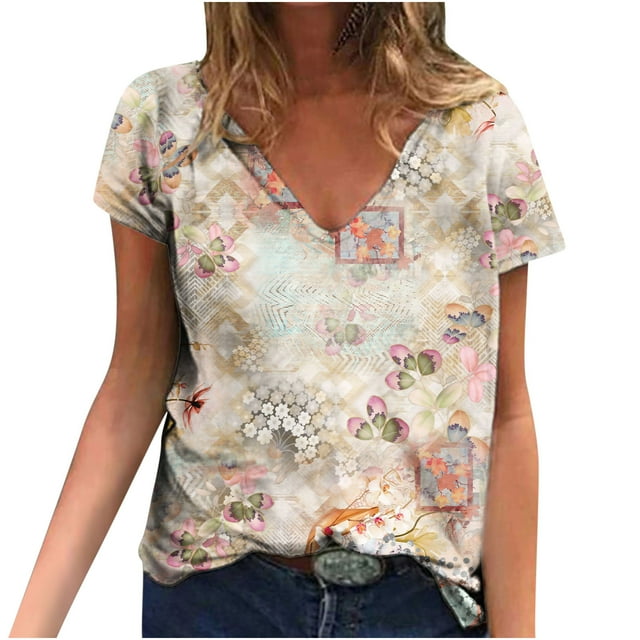 Hauts d'Été pour Femmes Manches Courtes Femmes Blouse d'Été Imprimée T-Shirts Décontractés Col en V Manches Courtes T-Shirts Hauts