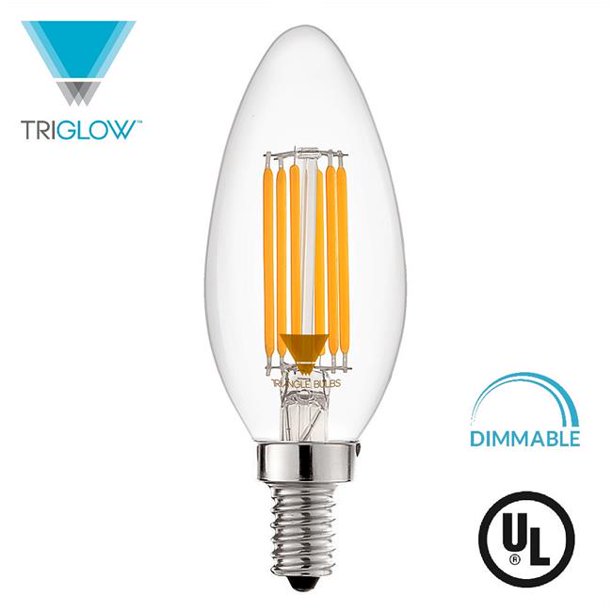 TriGlow T95081 LED 5 - Remplacement de 60 Watts 500 Lumen & 44; Dimmable 2700K - Base de Candélabres E12 Blanc Chaud & 44; UL Listed Torpille Ampoule à Filament Transparent