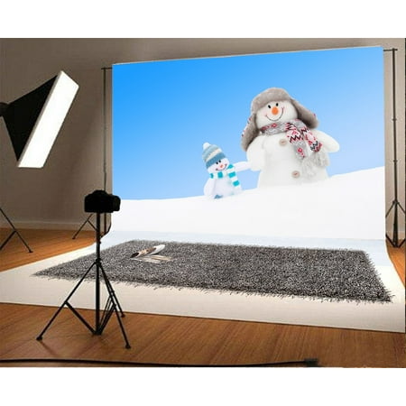 Image of HelloDecor 7x5ft Photography Background Happy Winter Snowmen Family Friends Background Blue Sky Snow Field Outdoors Shooting Background Christmas Children Baby Kids Adults Portraits Backdrop