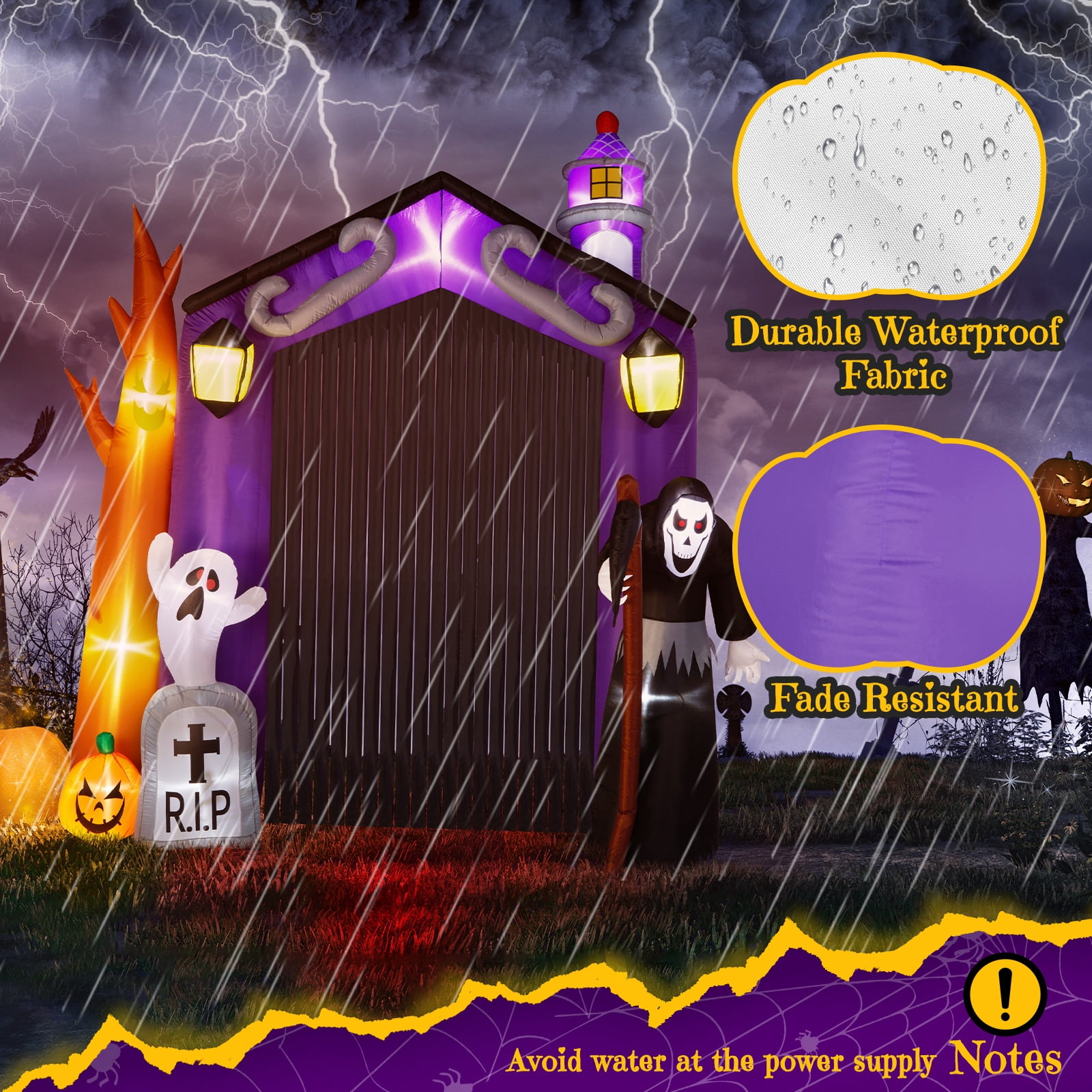 9.8 FT Halloween Inflatable Haunted House Castle Archway with Grim Reaper & Ghost, LED Lights for Yard/Party
