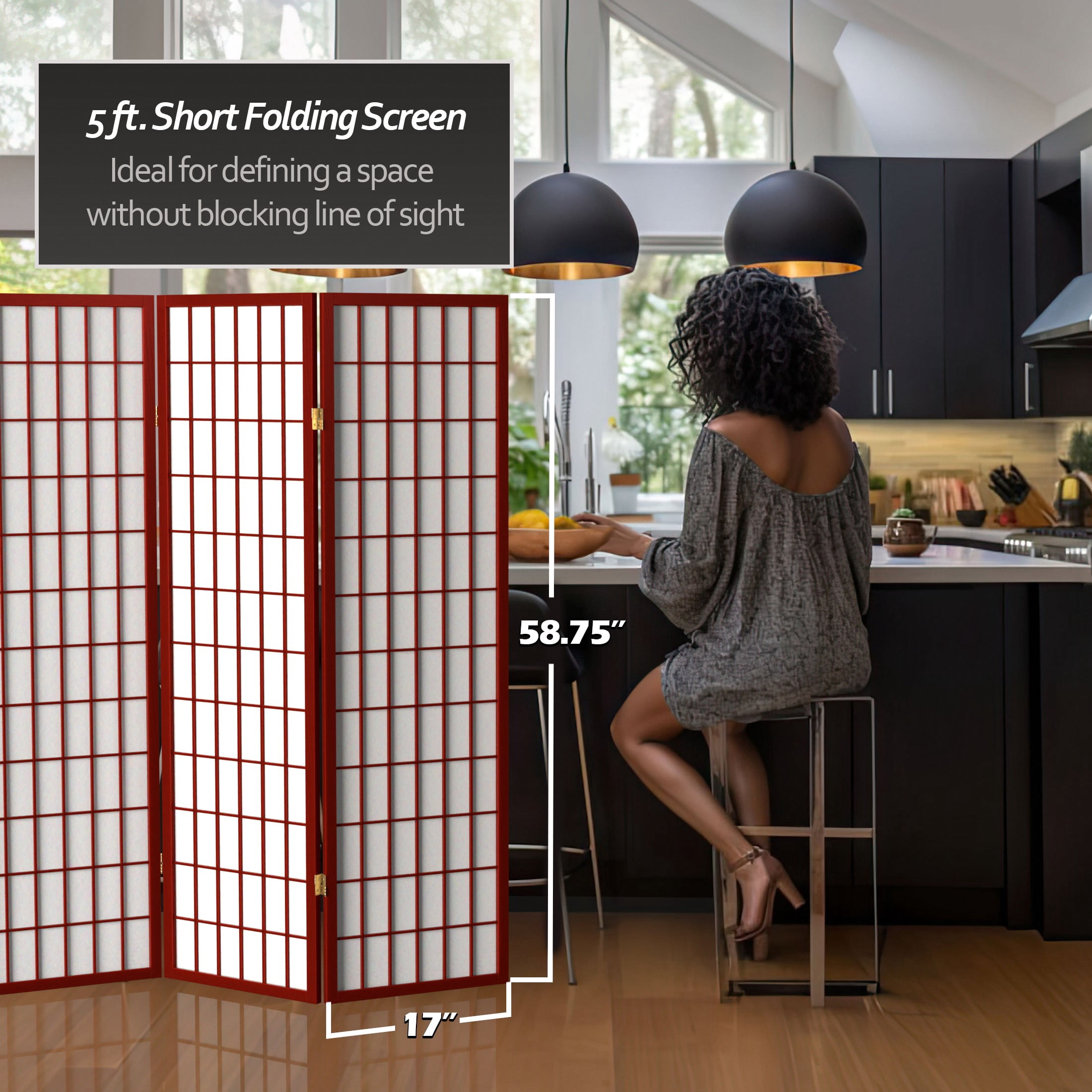 Red Lantern 5 ft. Tall Window Pane Shoji Screen - Rosewood - 6 Panels