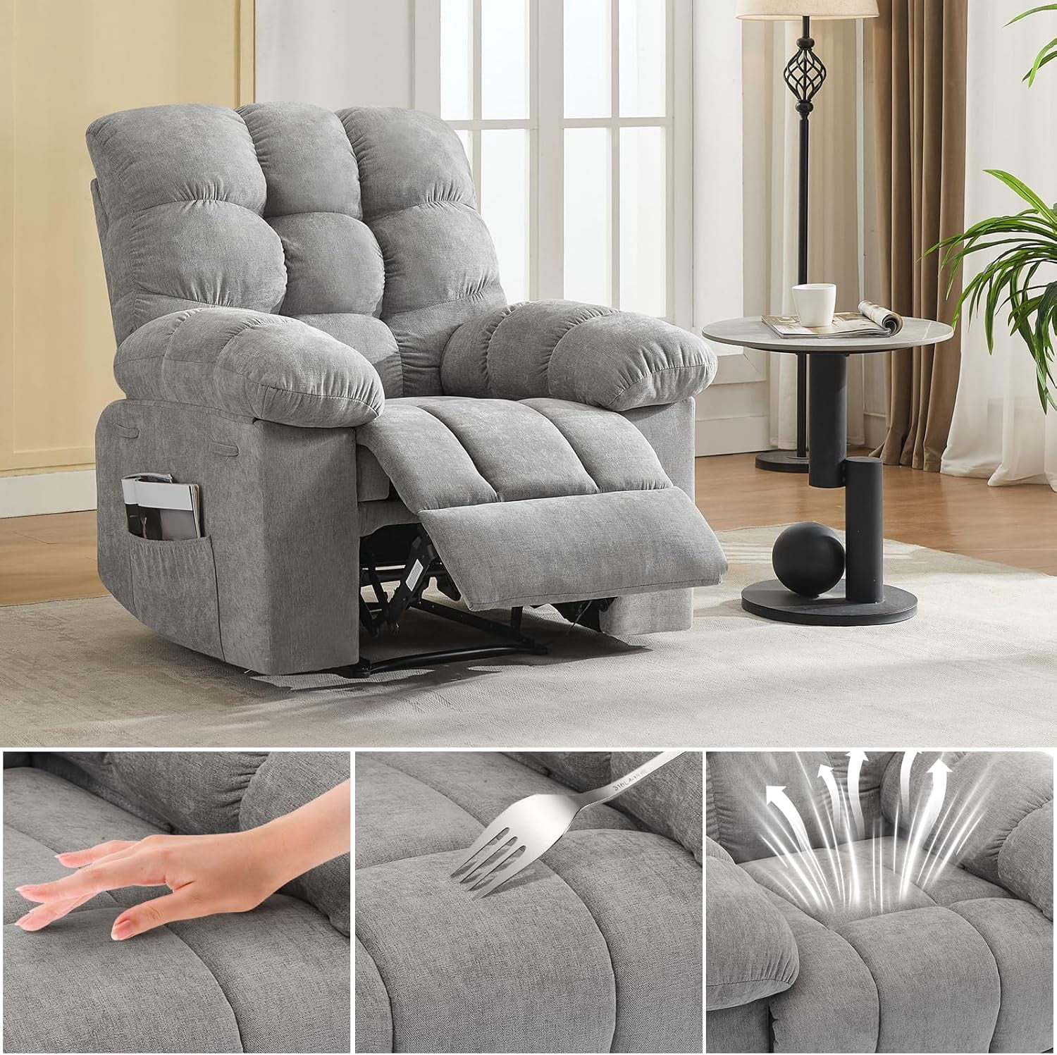 Recliner Chair, Wide Rocker Chair, Rocking Chair with Massage and Heat, Heat Ergonomic Overstuffed Breathable Fabric Reclining Chair with 2 Side Pockets, Remote Control, Living Room, Bedroom