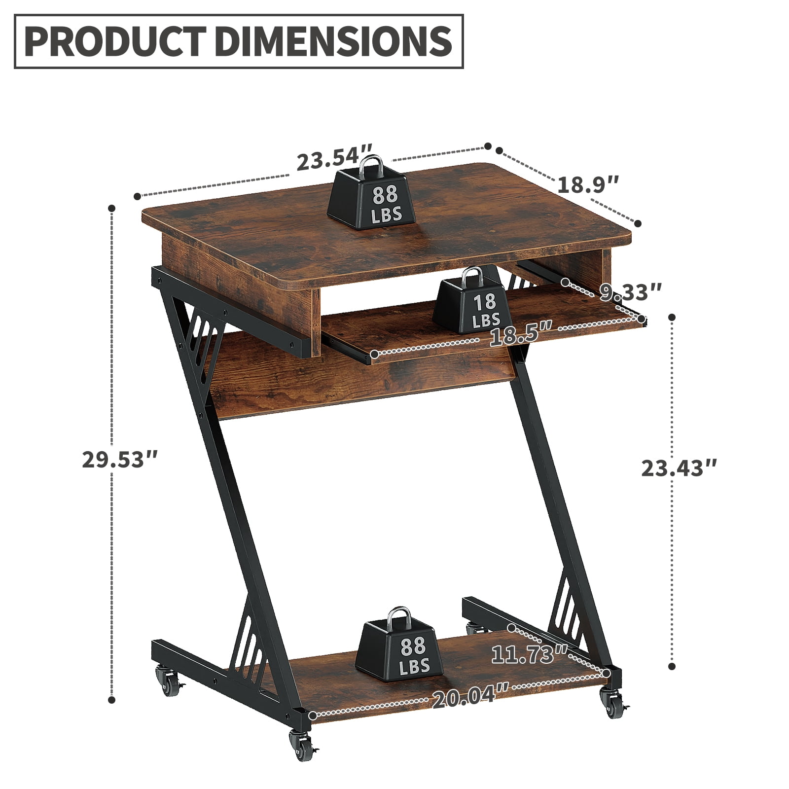 ALISENED 23.6 inch Z-Shaped Mobile Computer Desk with Smooth Keyboard Tray, with Wheels and Bottom Shelves