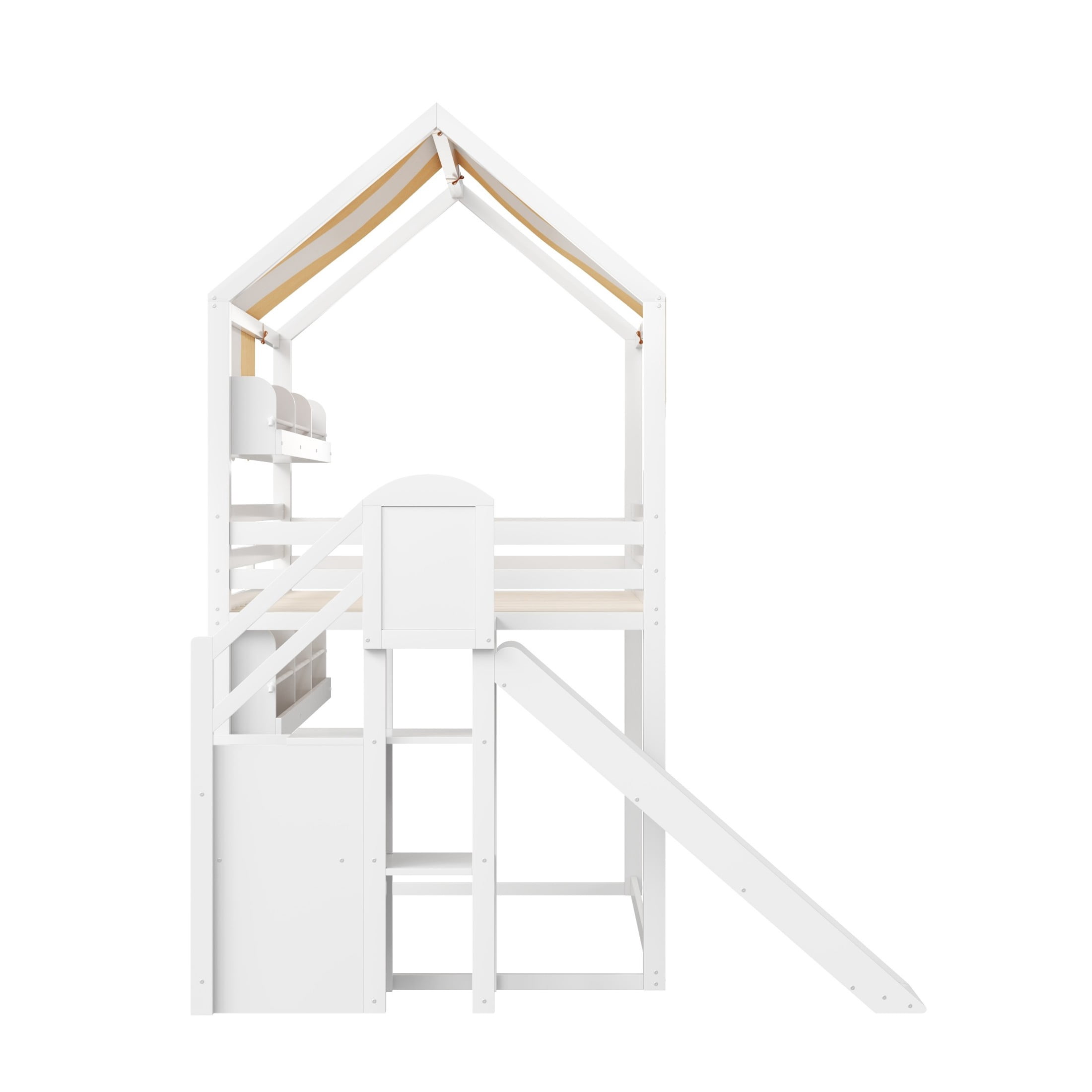 Noble House Odelia Full Size House Loft Bed with Slide and Canopy, Solid Wood Bed with Built-in Bookshelves, White