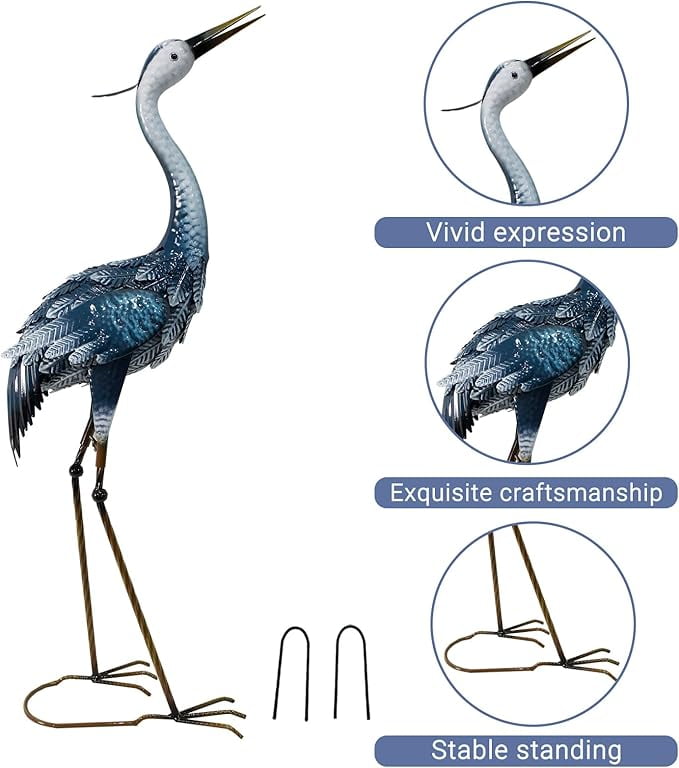 33-35 Inch Crane Statues for Yard Decorations Outdoor, Garden Sculptures & Statues, Metal Bird Statues Yard Art Garden Decorations, Blue Heron Statues for Patio, Lawn, and Backyard, Set of 2