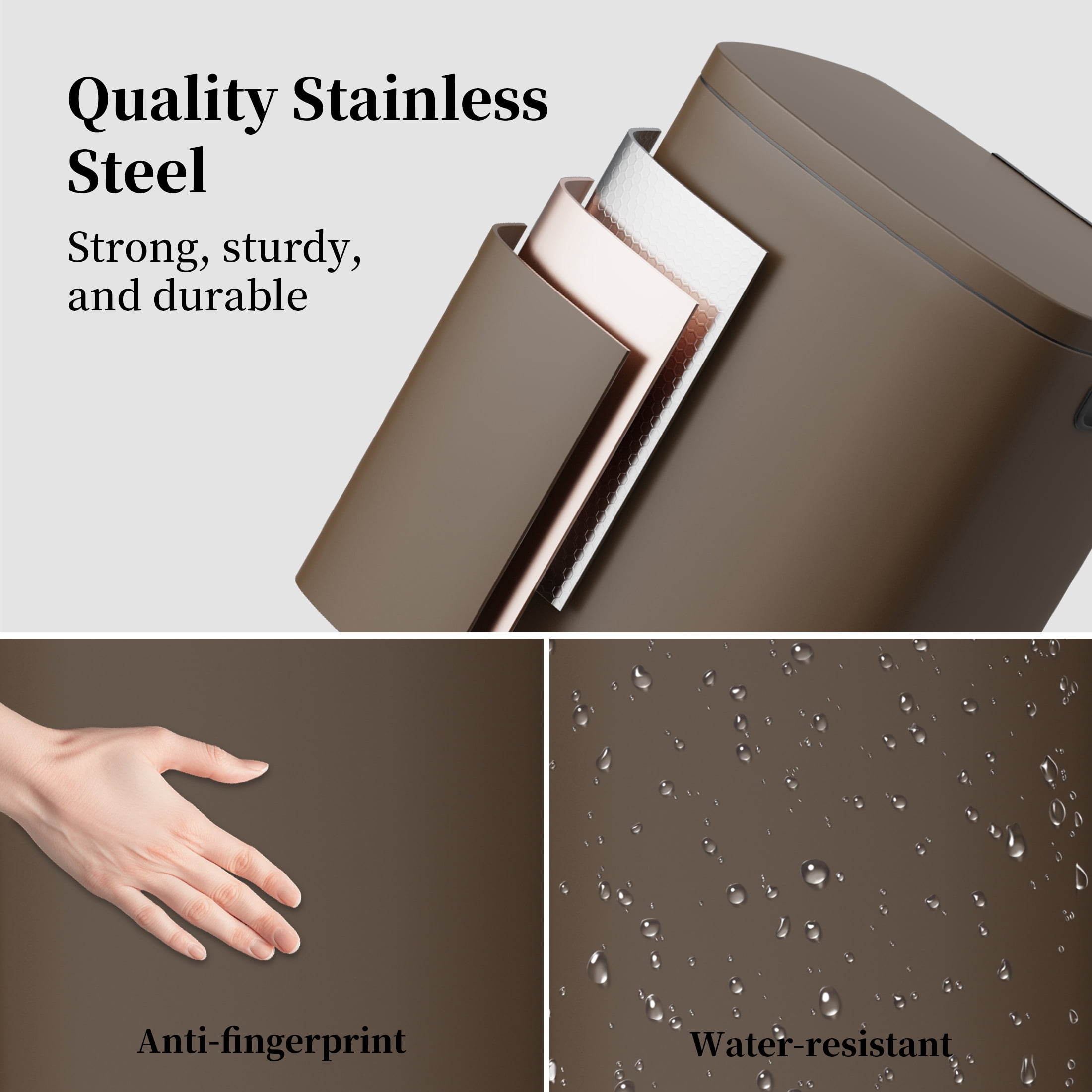 KSSKSS 13 Gallon Trash Can with Lid,Fingerprint-Proof Stainless Steel Kitchen Trash Can with Soft-Close Lid and Removable Inner Bucket,Brown