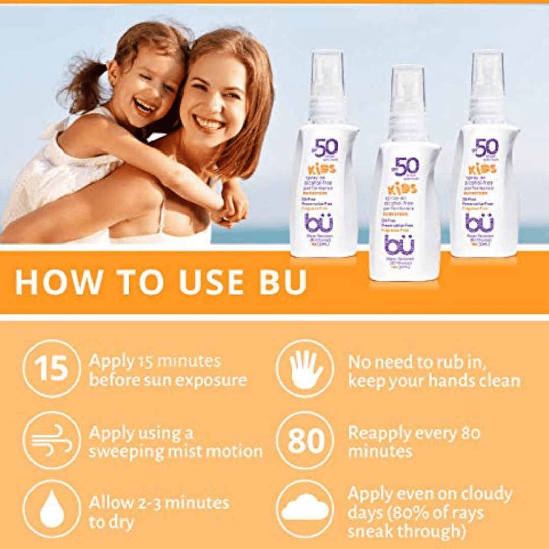 3 Pack - Bu KIDS SPF 50 Sunscreen Spray - Clear Moisturizing, Safe and Effective. Travel Sport Sensitive Skin. (Fragrance Free- 1 oz)
