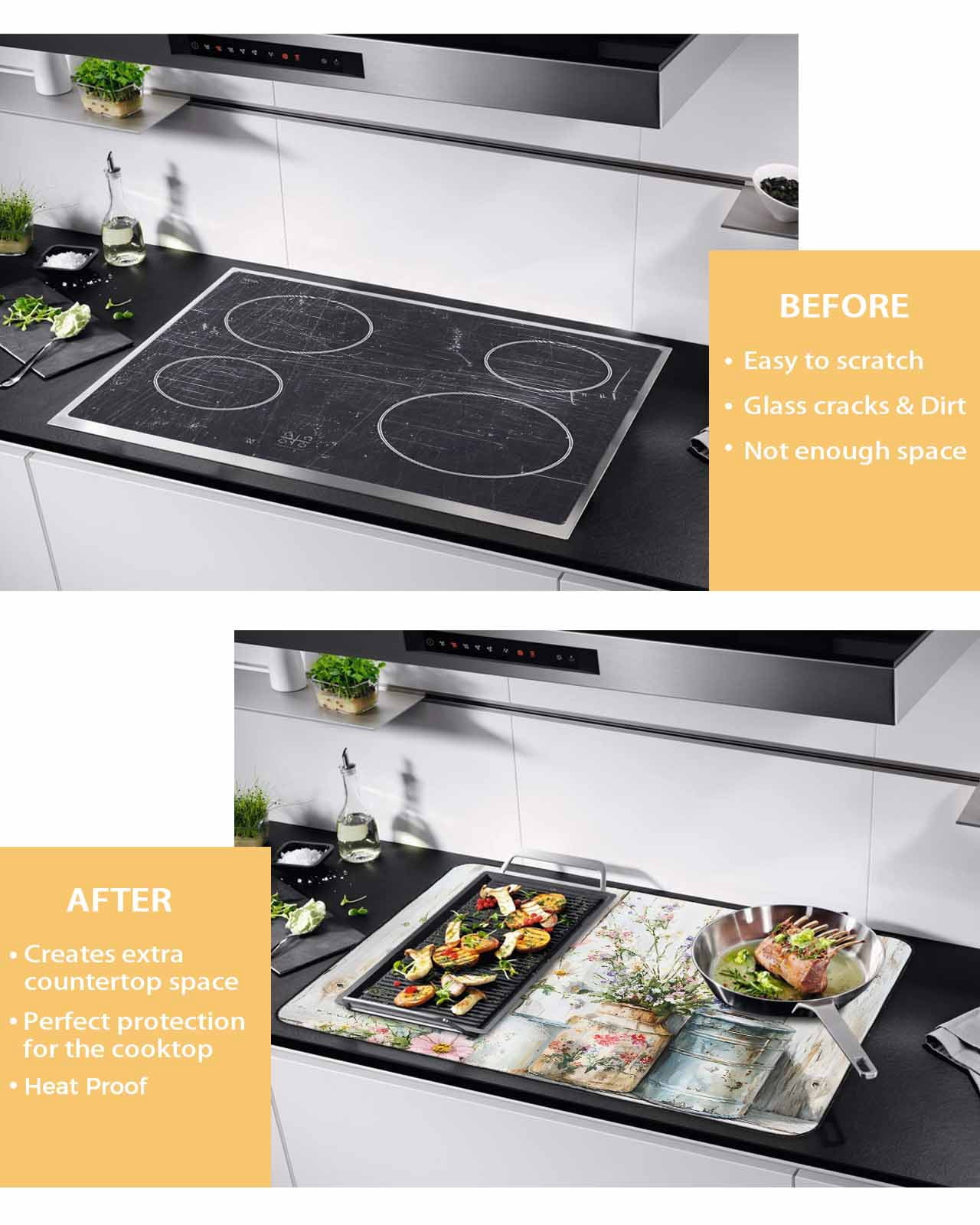nqOlkjepod Large Induction Cooktop Protector Mat 36"x21", Daisies Flowers Stove Top Covers for Electric Stove, Vintage Watercolor Plants Farmhouse Stove Burner Cover Mats, Glass Top Stove Cover