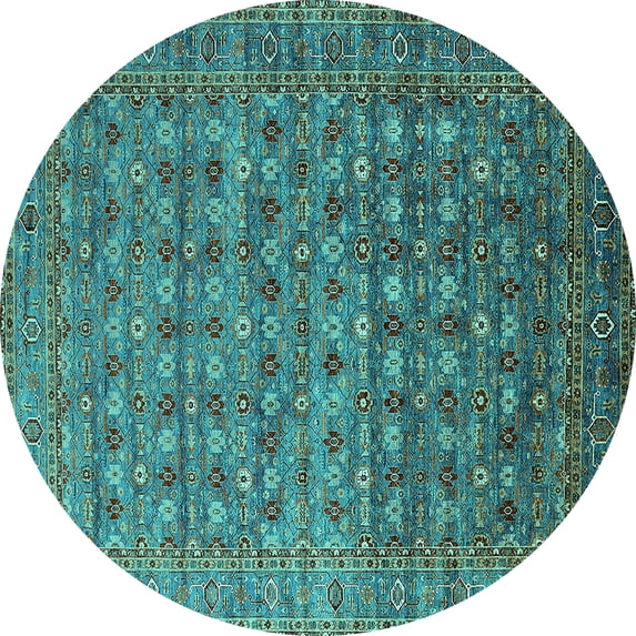 Ahgly Company Machine Washable Indoor Round Oriental Turquoise Blue Traditional Area Rugs, 3' Round