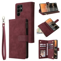 Tarise Phone Case for Samsung Galaxy A32 5G, Galaxy A32 Wallet Case with Zipper for Women and Men, PU Leather Magnetic Buckle Flip Kickstand Closure Wrist Strap Zipper Card Holder Phone Cases, Winered