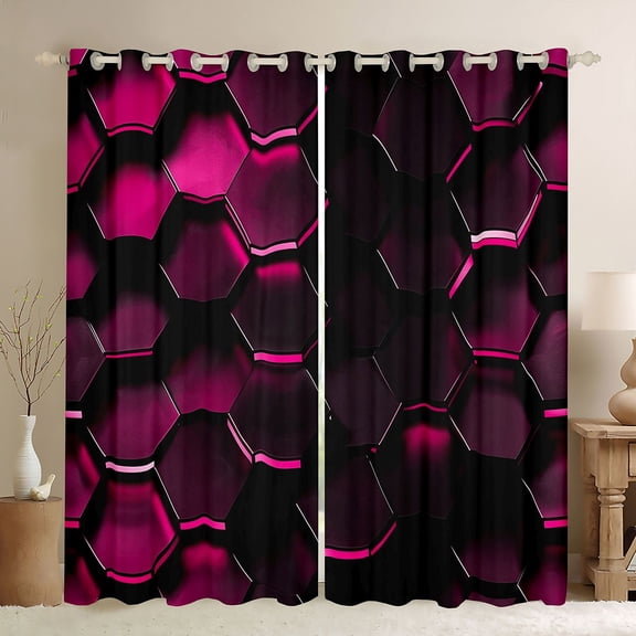 Manfei Pink Neon Honeycomb Kitchen Curtains, Glowing 3D Hexagon Black Out Curtains Pack of 2 (42x63 Each)