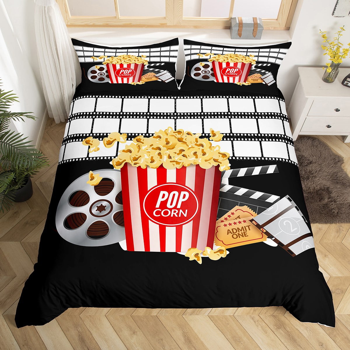 Movie Theater Bedding Set Full Vintage Cinema Ticket Tape Duvet Cover for Kids Teens Adult