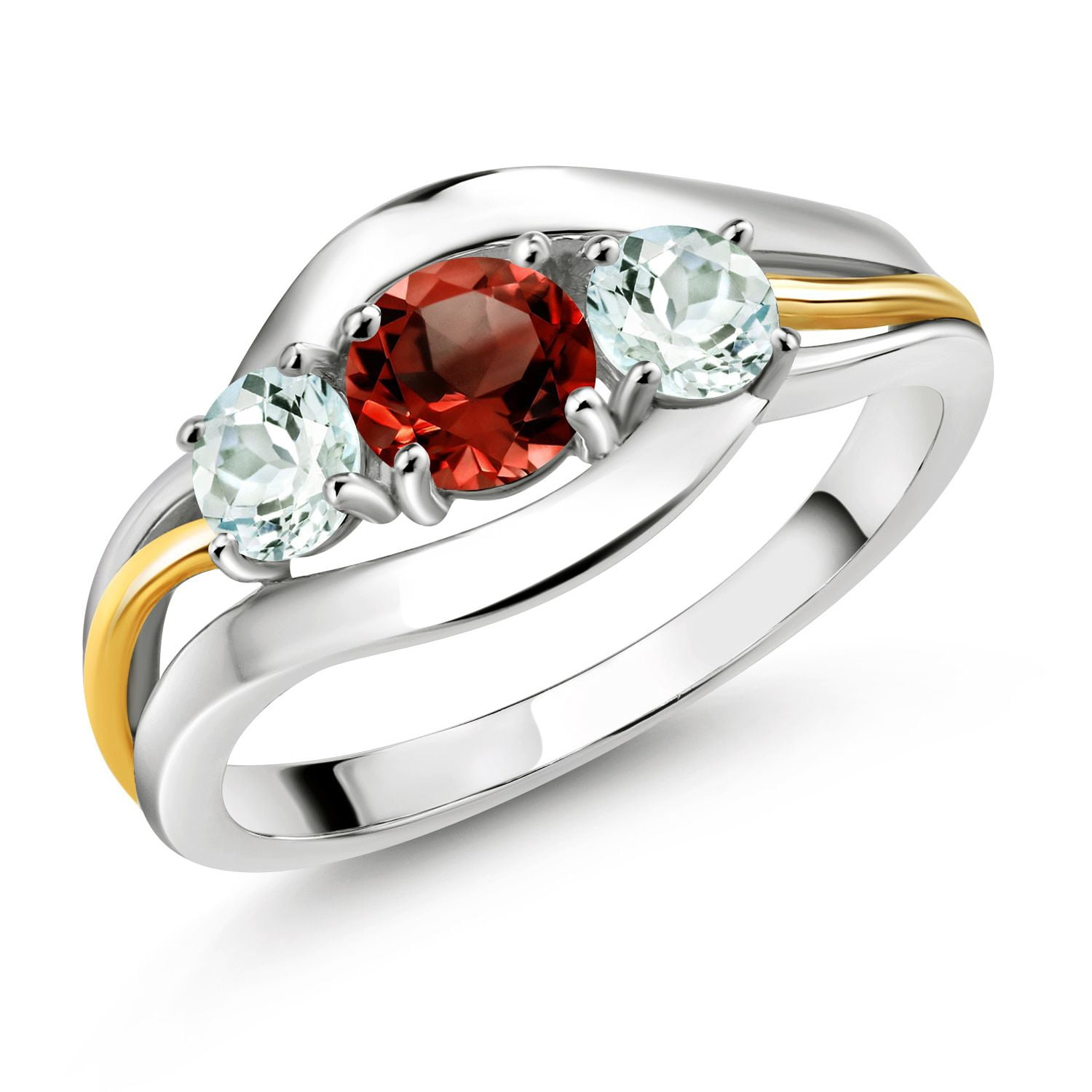 Gem Stone King 925 Sterling Silver and 10K Yellow Gold Round Red Garnet and Sky Blue Aquamarine 3 Stone Ring for Women (1.05 Cttw, Gemstone Birthstone, Size 9)