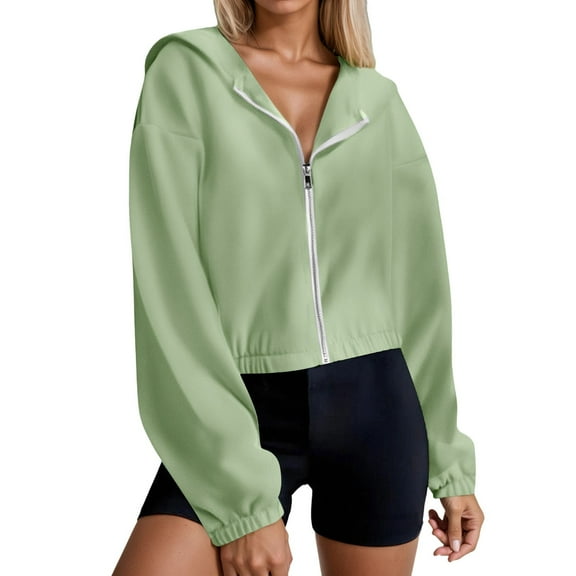 VNKIDY Women's Long Sleeve Drawstring Full Zip Hooded Jacket Crop Sweatshirt Solid Color Coats Cozy Dailywear