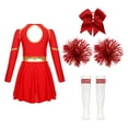 thumbnail image 4 of MSemis Tenues de Cheerleading pour Filles, Robe de Danse Performance Épaules Dénudées avec Nœud, Couvre-Chef, Chaussettes Rayées Fleurs Rouges C 14, 4 of 6