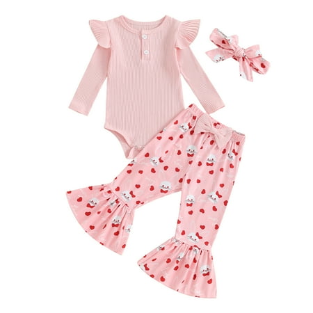 

Suealasg 3PCS Toddler Baby Girls Easter Outfits Long Sleeve Crew Neck Romper +Rabbit Print Flare Pants +Headband Clothing Set 6M 1T 2T 3T Kids Girls Spring Clothes