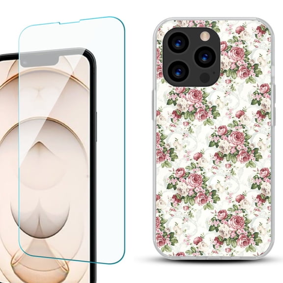 Slim-Fit Anti-Scratch Gel TPU Phone Case for iPhone 13 Pro, with Tempered Glass Screen Protector, by OneToughShield ® - Floral/Rose