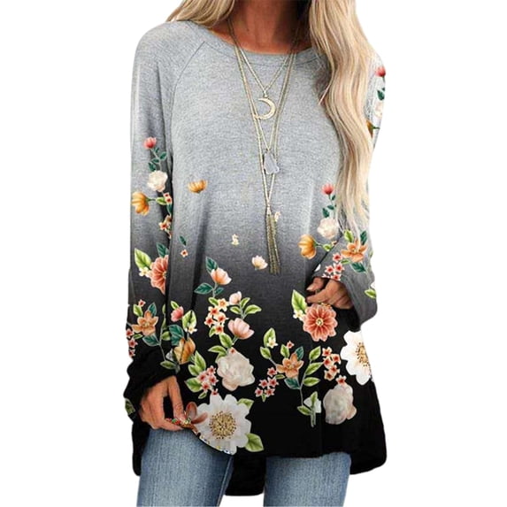 Grianlook Long Sleeve Fall Autumn Shirts for Womens Floral Christmas Tops Asymmetrical Hem Tunic Top Shirts
