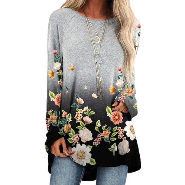 Camisetas de mujer Estampado floral Manga larga Otoño Loose Fit Pullover Blusa Túnica para el trabajo