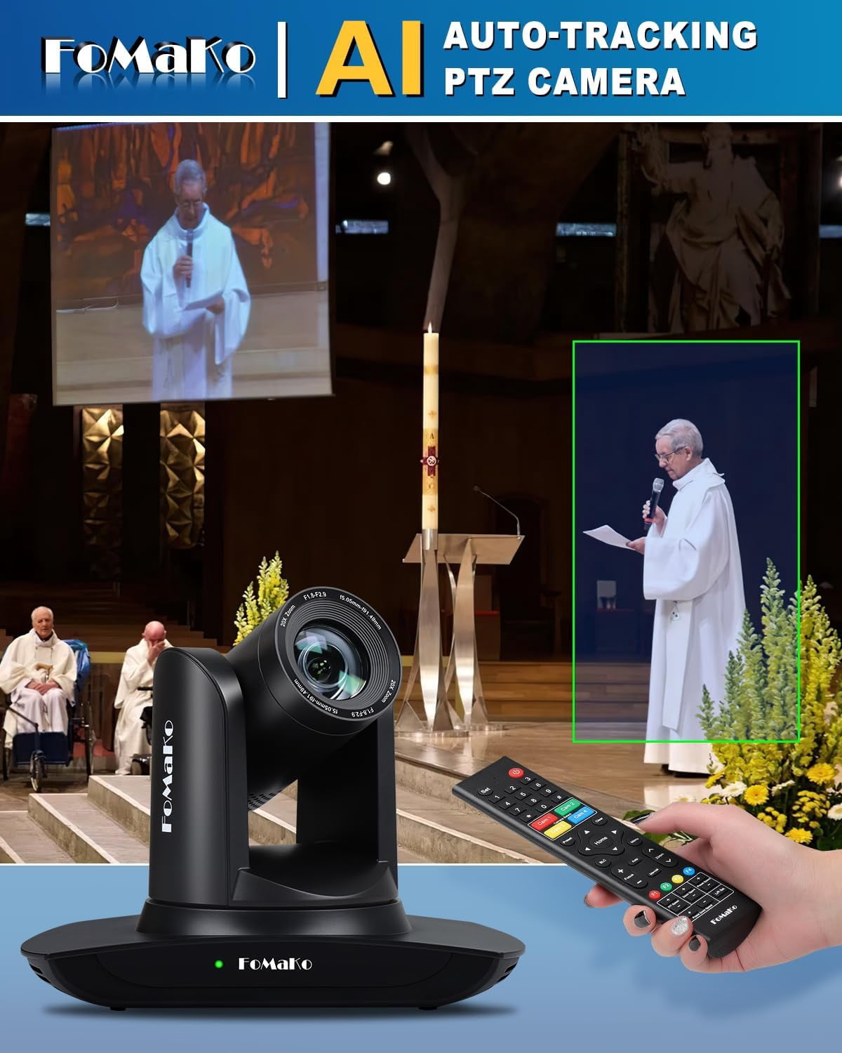 FoMaKo AI Auto Tracking HDMI PTZ Camera, 20x Optical Zoom(3pcs), KC602 Video Mixer Switcher, for Church Services Worship Education(FMK12UH Pro-BX3+KC602)