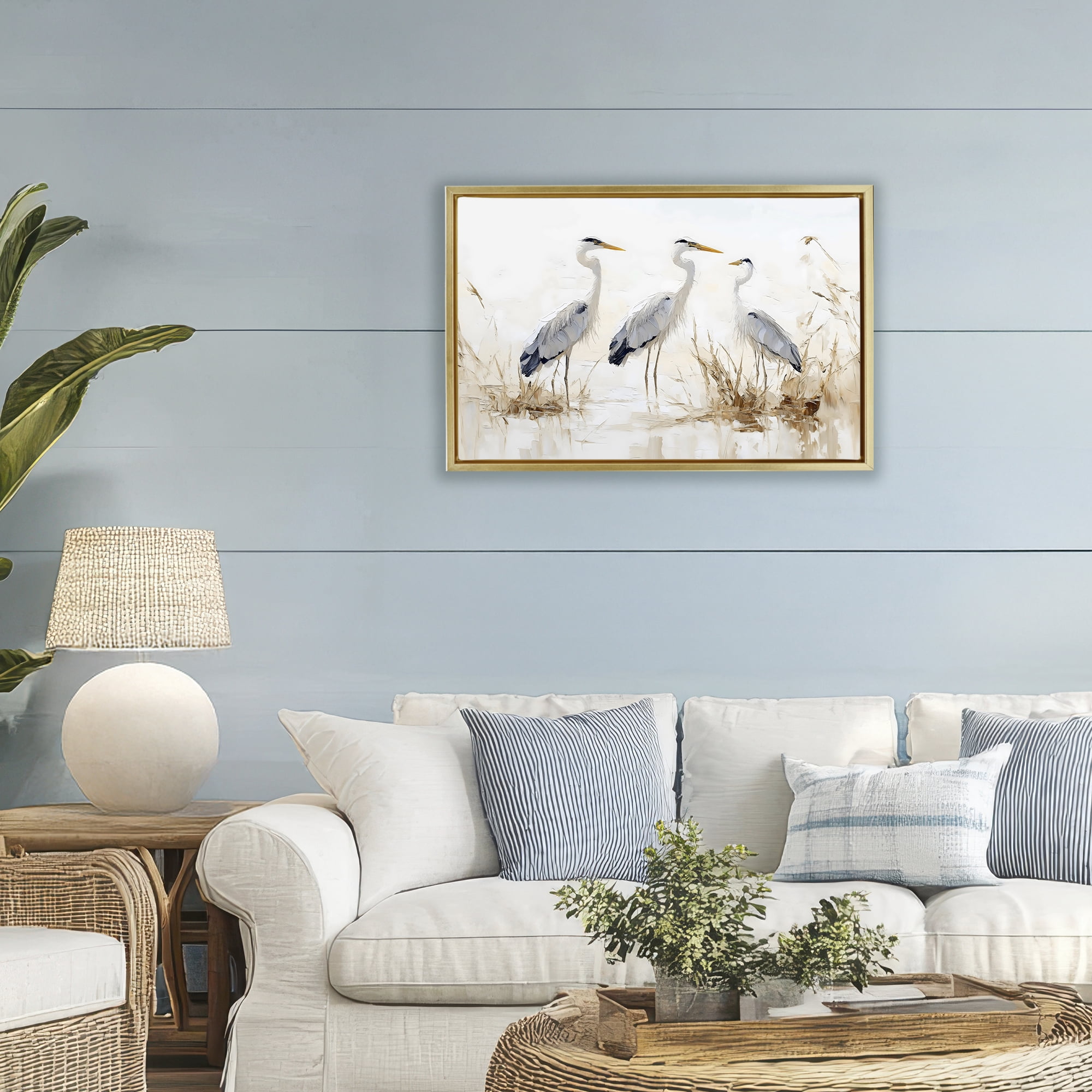 Stupell Industries Neutral Blue Herons in Reeds Gold Framed Floater Canvas Wall Art, design by LSR Design Studio