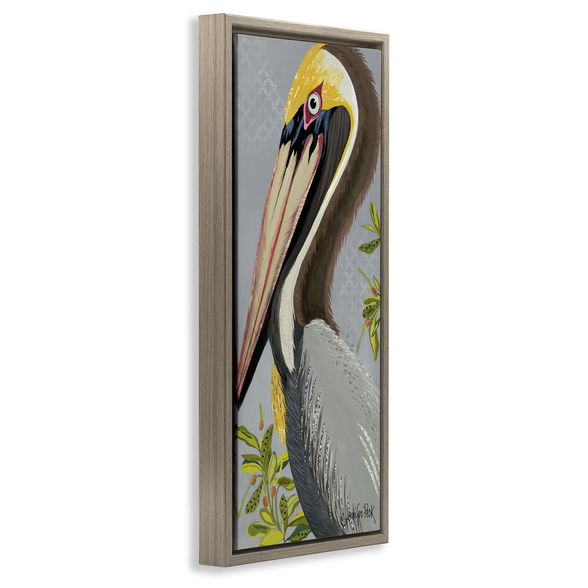 Stupell Industries Pelican on Grey Animals & Insects Painting Brown Floater Framed Canvas Art Print Wall Art, 15 x 31