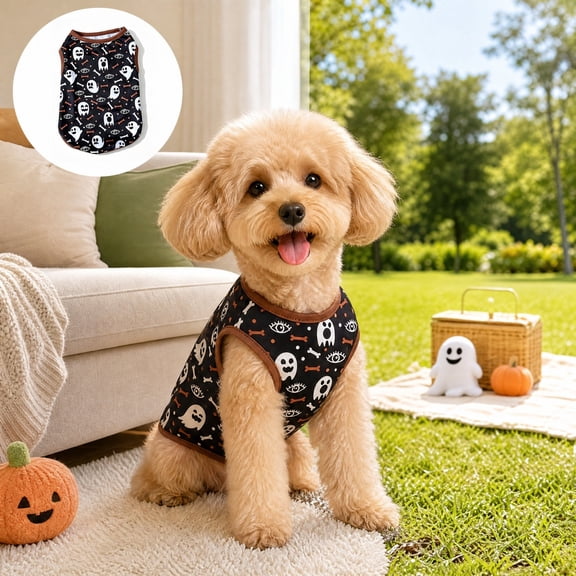 huayou Halloween Pet Sleeveless Vest, Halloween Theme Print Pattern, Soft Breathable Fabric Holiday Outfit for Small Medium Puppies Kittens Party Daily Wear, L Size