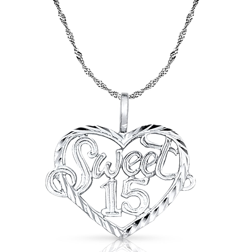 Ioka-14K White Gold 15 Years Quinceanera Years Heart Charm Pendant with 0.9mm Singapore Chain Necklace - 18