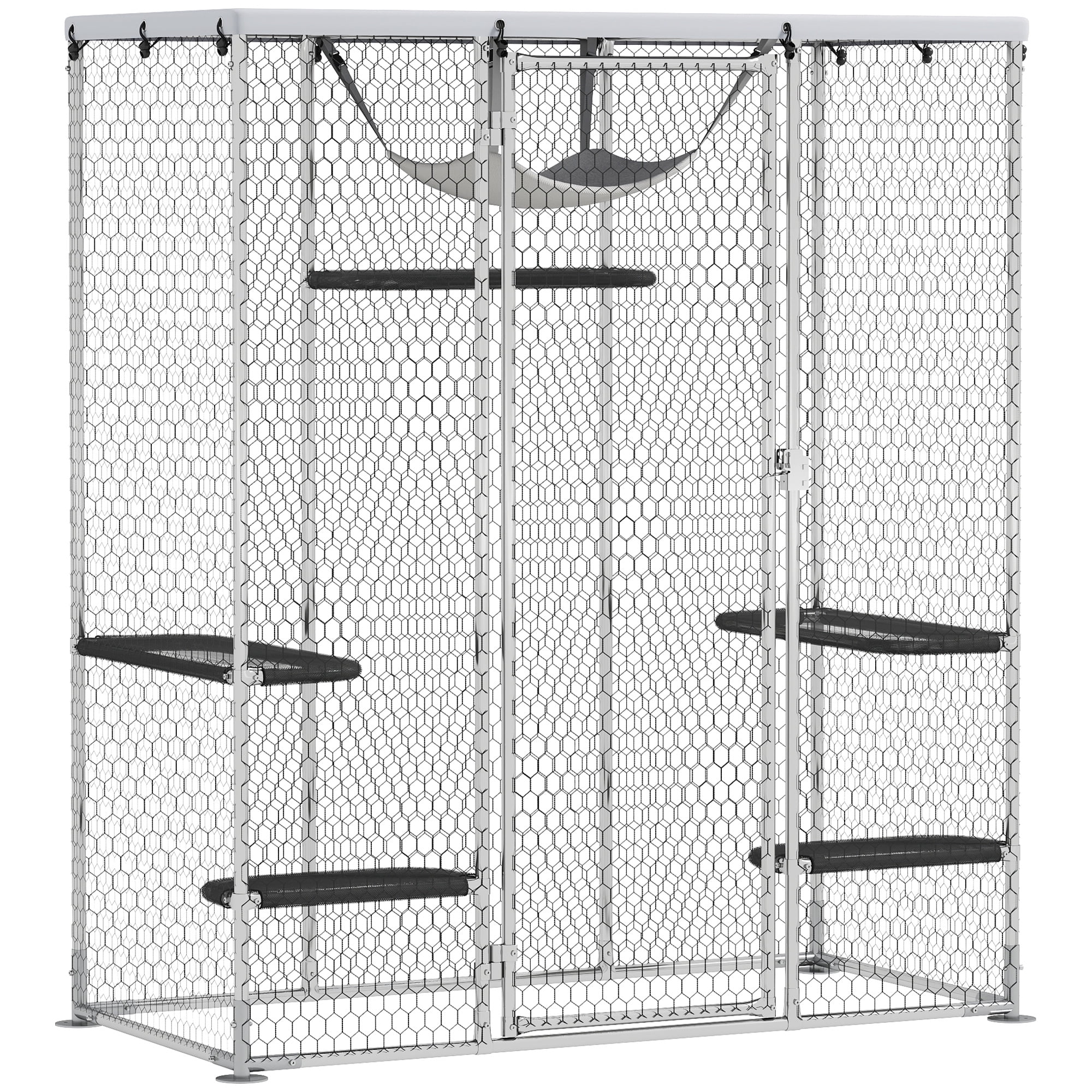 PawHut Large Catio Outdoor Cat Enclosure, Galvanized Steel Walk-in Cat Cage with Waterproof Cover, 5 Adjustable Platforms, Hammock