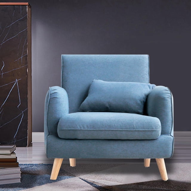 sillón de lectura sillón sillón para sala de recepción sala de espera hogar azul Sillón individual azul tapizado con cojín lumbar y asiento acolchado, respaldo recto y brazos envolventes; patas cónicas de madera clara, relleno de esponja de alta densidad, medidas aprox. 88 × 94 × 77 cm. Adecuado para sala de espera, rincón de lectura o cafetería.