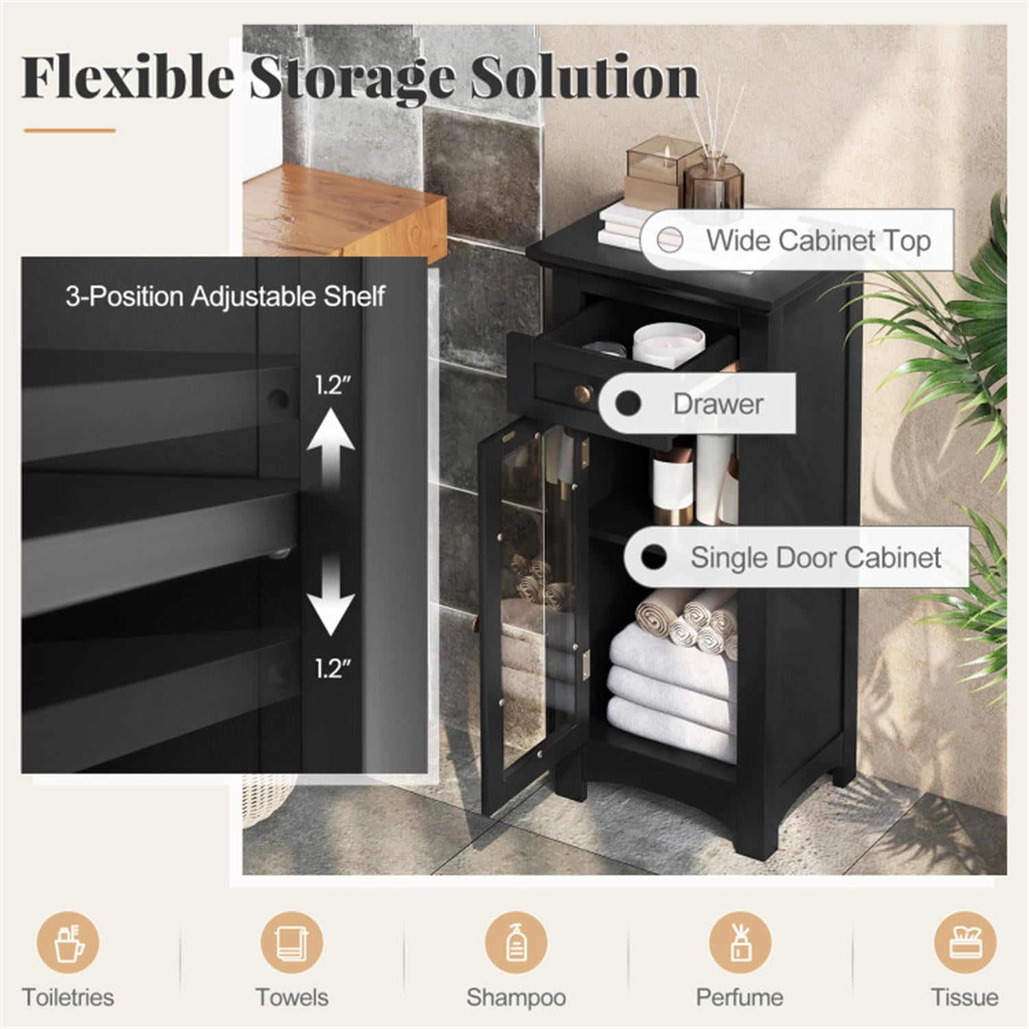 Demi Bonn Bathroom Floor Cabinet with Single Glass Door and Drawers, Bathroom Freestanding Storage Organizer Rack Stand, Multifunctional Corner Unit, Black