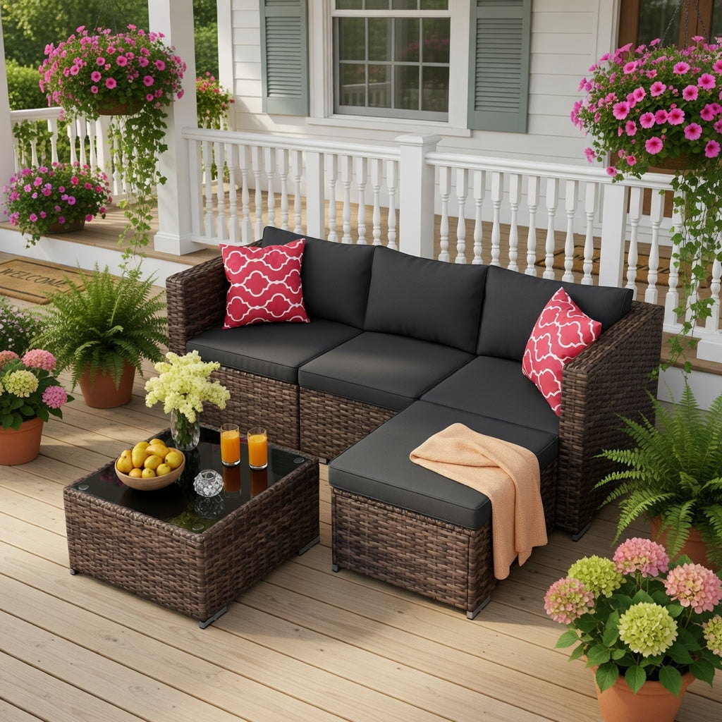 5 PCS Wicker Patio Furniture Set, PE Rattan Outdoor Sectional Sofa with Beige Cushions and Glass Coffee Table, for Backyard, Porch, Poolside & Garden - Brown Rattan, Black Cushion