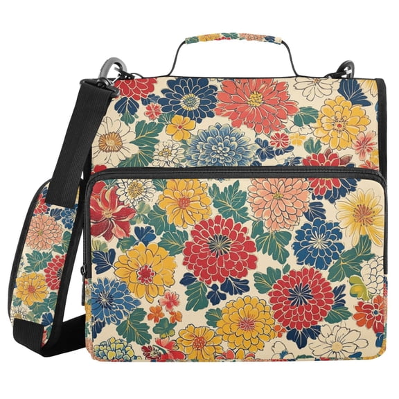 FORMRS Zipper Binder with Shoulder Strap 2-inch Ring 500 Sheet Capacity File Bag, Vibrant Flowers Pattern